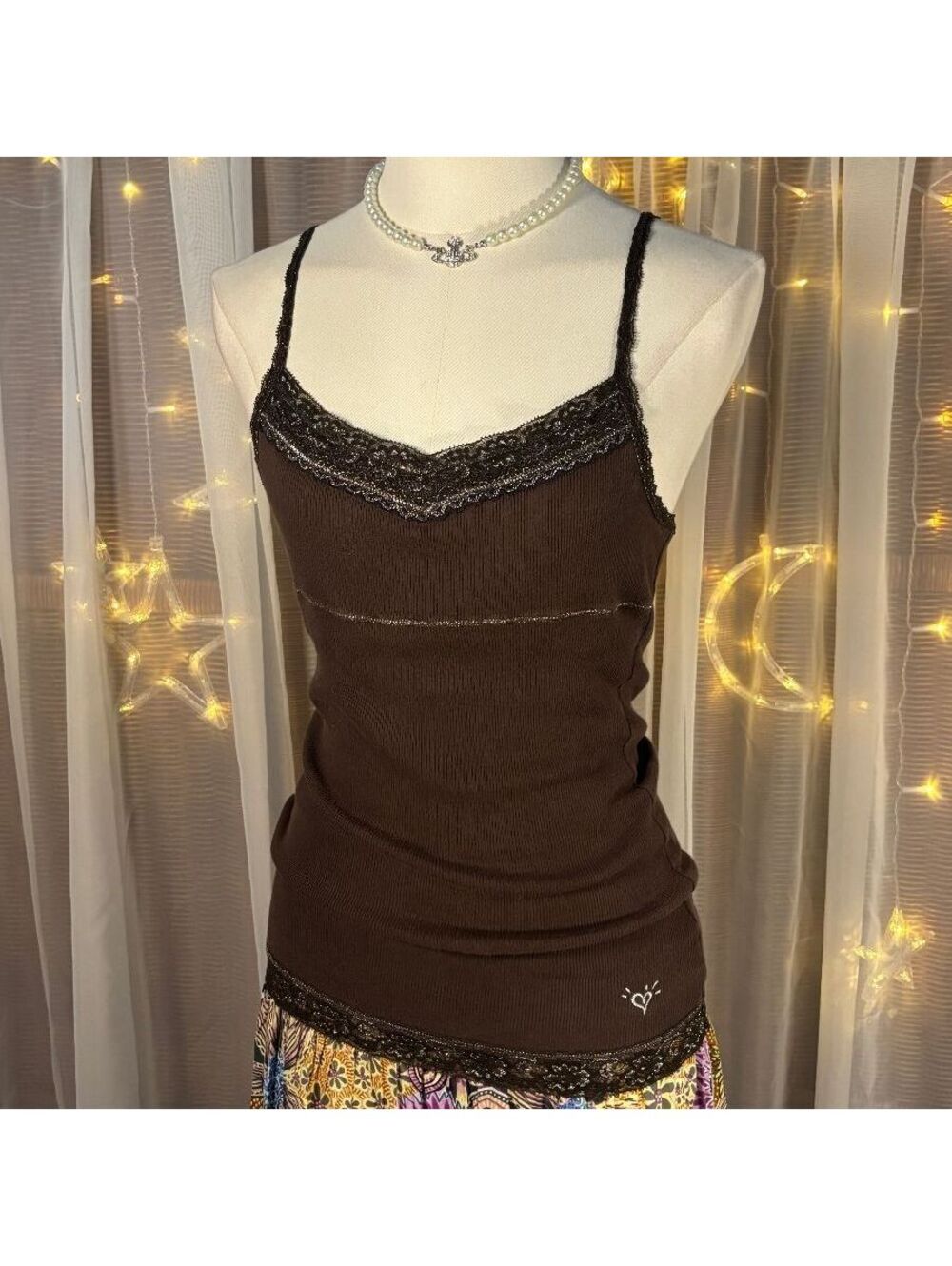 Justice Brown Lace Trim Ribbed Cami Tank Built In Bra Y2K Coquette Women's S